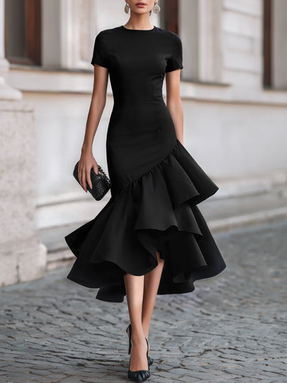 Fitted Crew Neck Short Sleeve Ruffled Asymmetric Dress