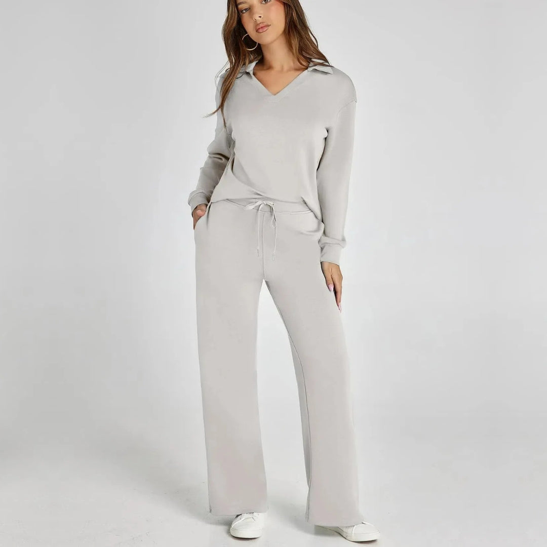 Women's V-Neck Long Sleeve Loungewear Set with Wide Leg Trousers
