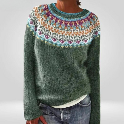 Women's Crew Neck Long Sleeve Fair Isle Knit Sweater