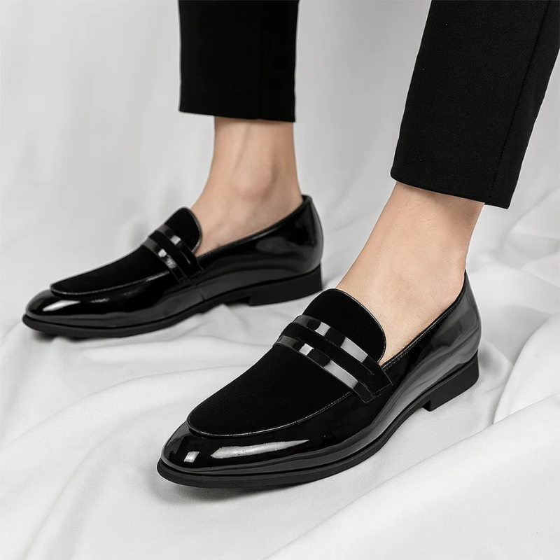 Glossy Paneled Banded Stitched Heeled Loafers
