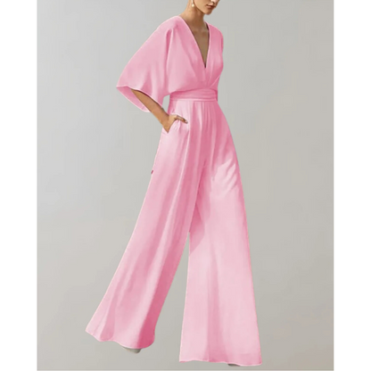 Wide Leg V Neck Flutter Sleeve Jumpsuit