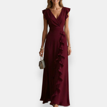 V Flutter Ruched Ruffled Maxi Dress