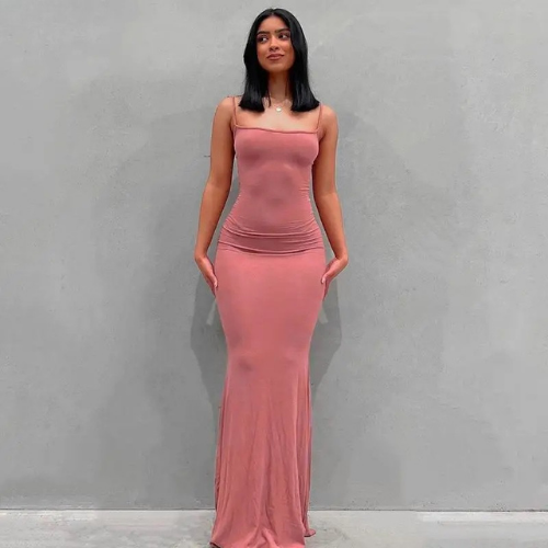 Square Neck Spaghetti Strap Fitted Maxi Dress