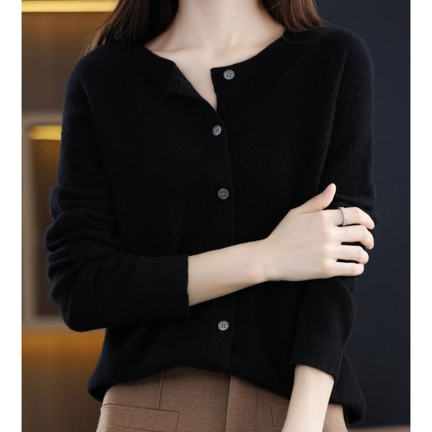 Round Buttoned Ribbed Cuffed Relaxed Cardigan