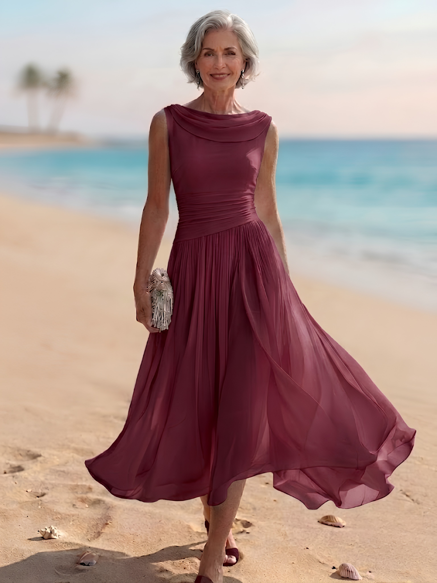 Draped Neck Sleeveless Pleated A-Line Wedding Guest Midi Dress