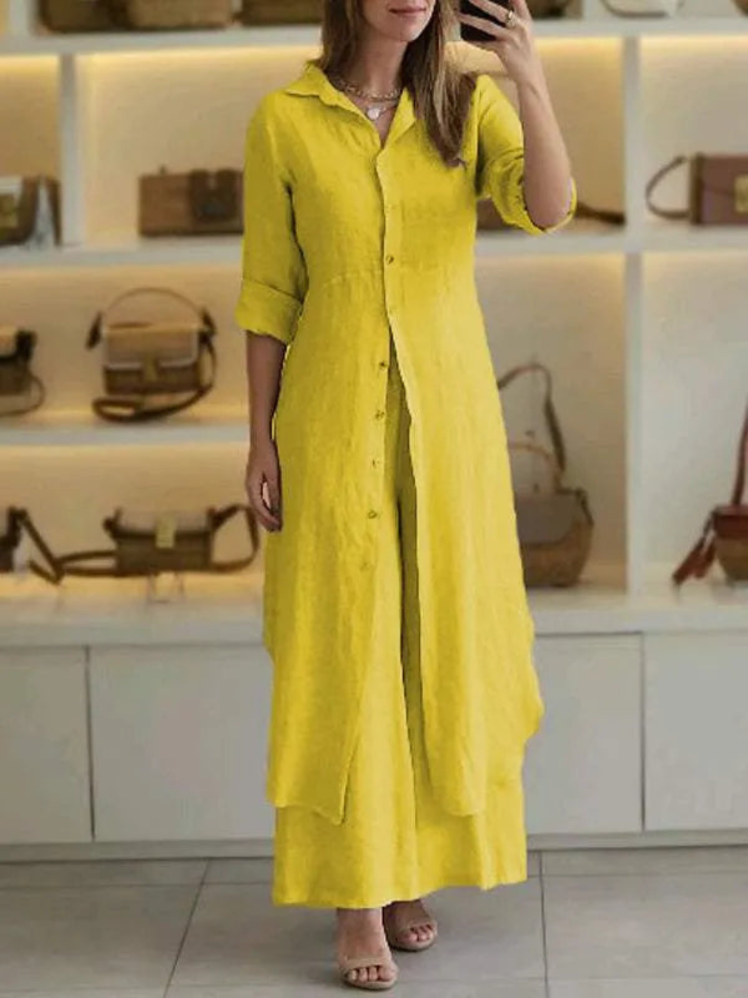 Women's Collared Long Sleeve Button-Front Maxi Shirt Dress Set