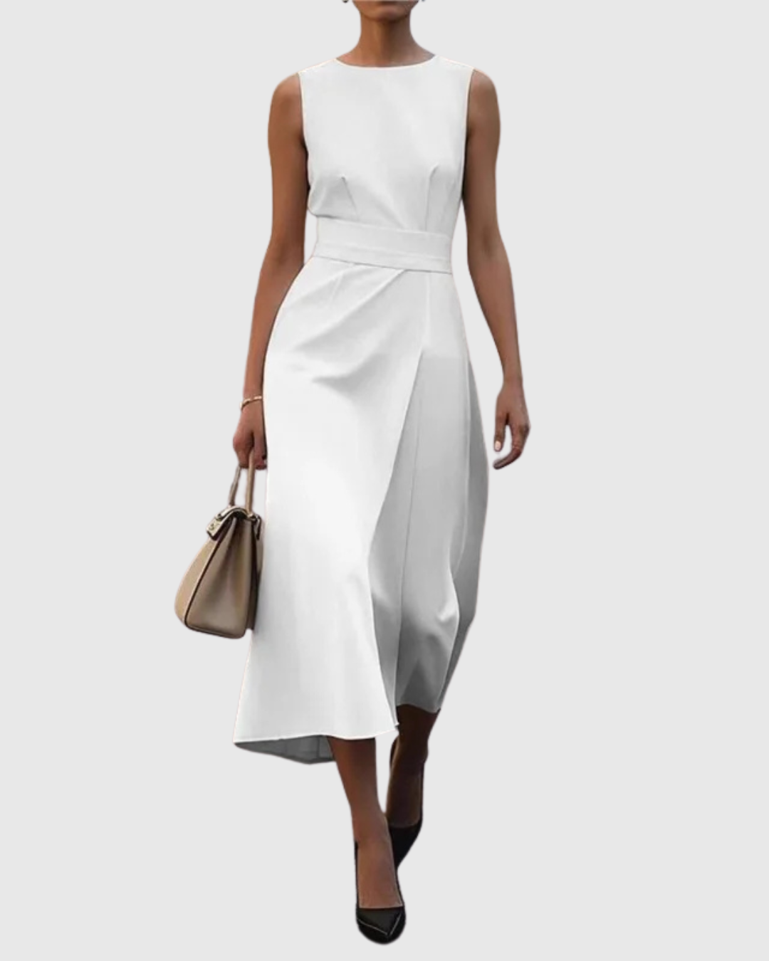 Plain Fitted Sleeveless Cinched Overlaid Flared Dress