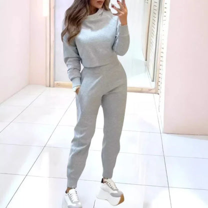 Crew Neck Long Sleeve Cropped Cardigan Sweater Set For Women