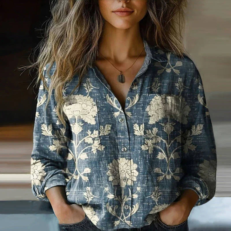 Long Sleeved Collared Patterned Buttoned Blouse