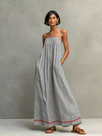 Striped Sleeveless Spaghetti Strap Gathered Maxi Dress