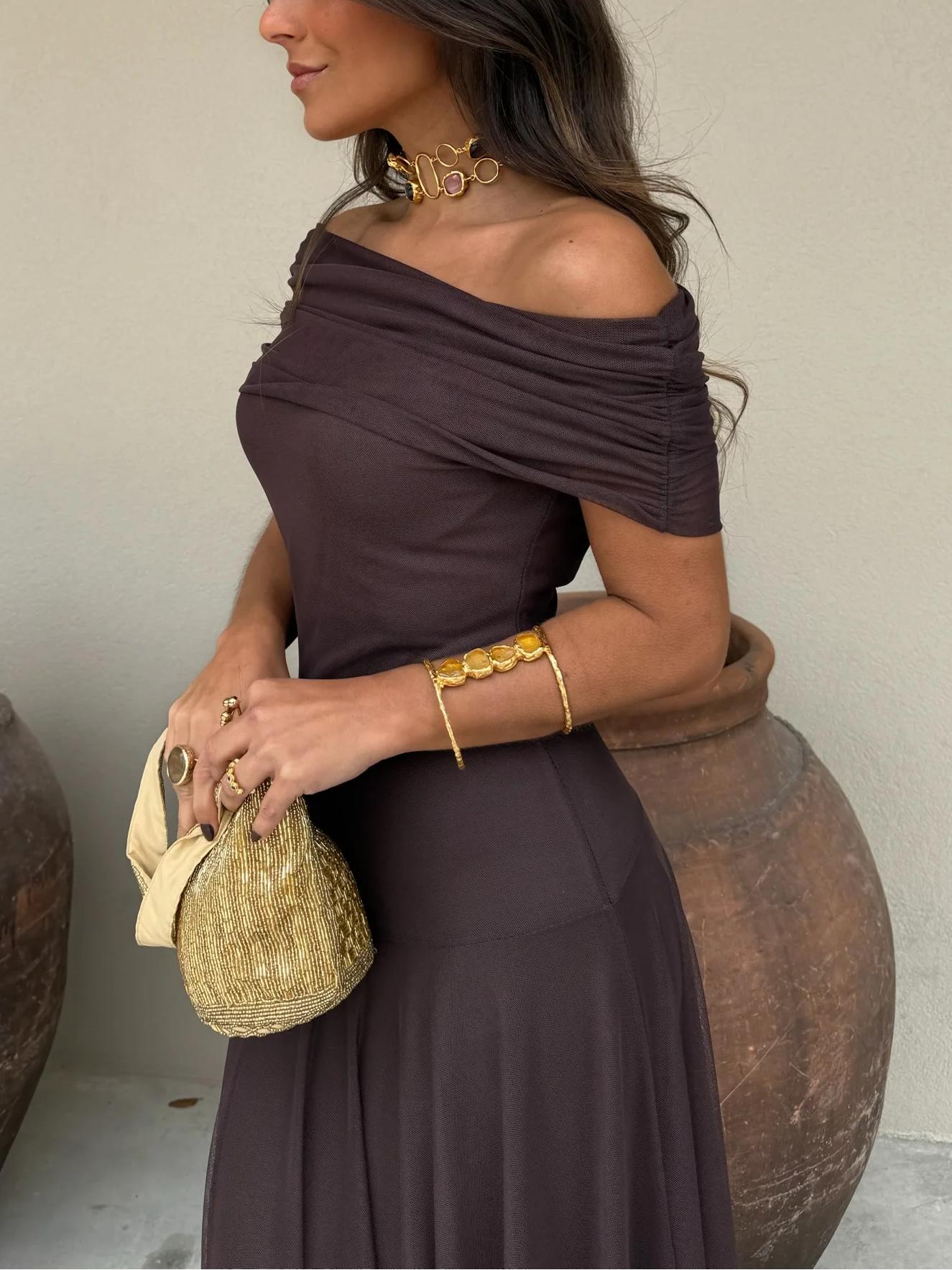 Off Shoulder Ruched Foldover Maxi Dress