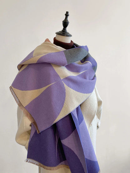 Geometric Curved Fringed Rectangular Long Scarf