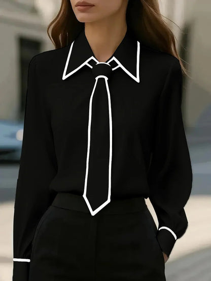 Contrast Trim Collared Tie Neck Blouse