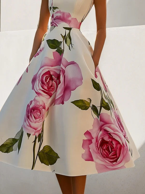 Short Sleeves Skinny Flower Print Stand Collar Midi Dress