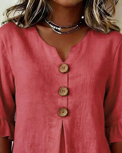 V Neck Button Detail Ruffle Sleeve Top