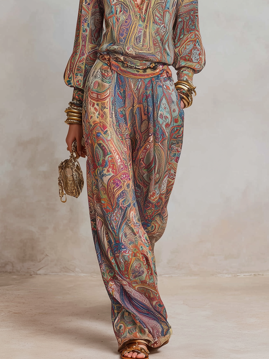 Paisley Printed Long Sleeve Top Pant Set