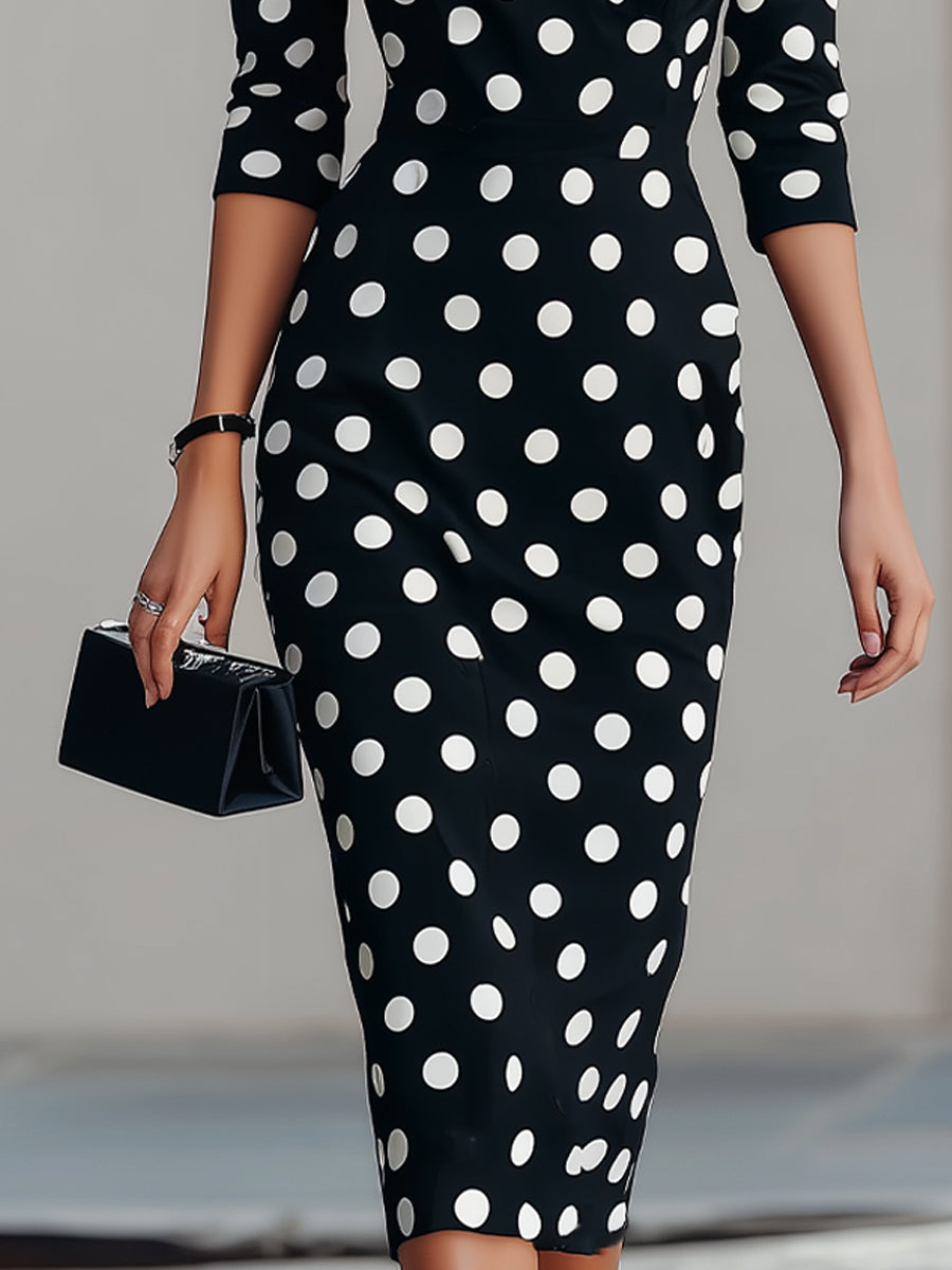 Polka Dot Three Quarter Sleeve Fitted Sheath Dress