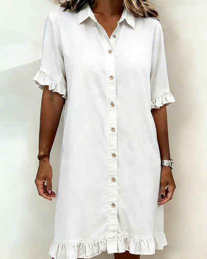 Short Sleeve Collared Button Front Ruffle Hem Dress