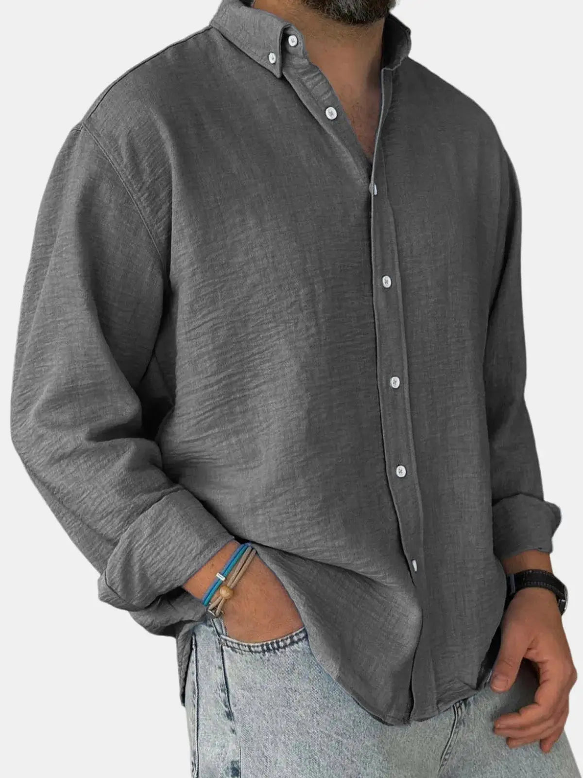Collared Buttoned Cuffed Textured Curved Plain Shirt