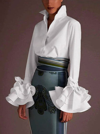 Tiered Ruffle Cuff Button Up Blouse