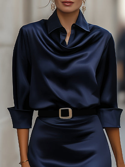 Draped-Collar Midi Dress With Black Belt