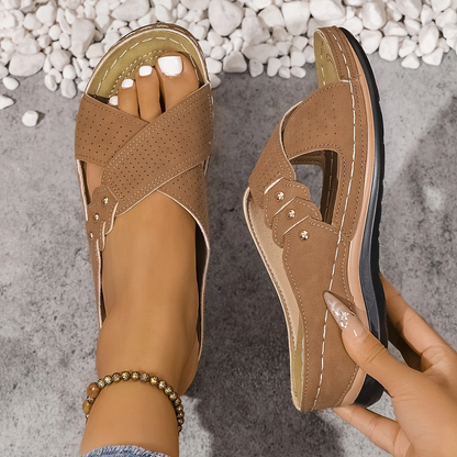 Crossed Studded Stitched Wedged Sandals