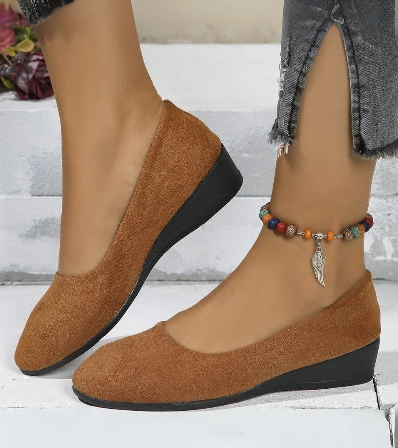 Round Toe Slip On Low Wedge Shoes