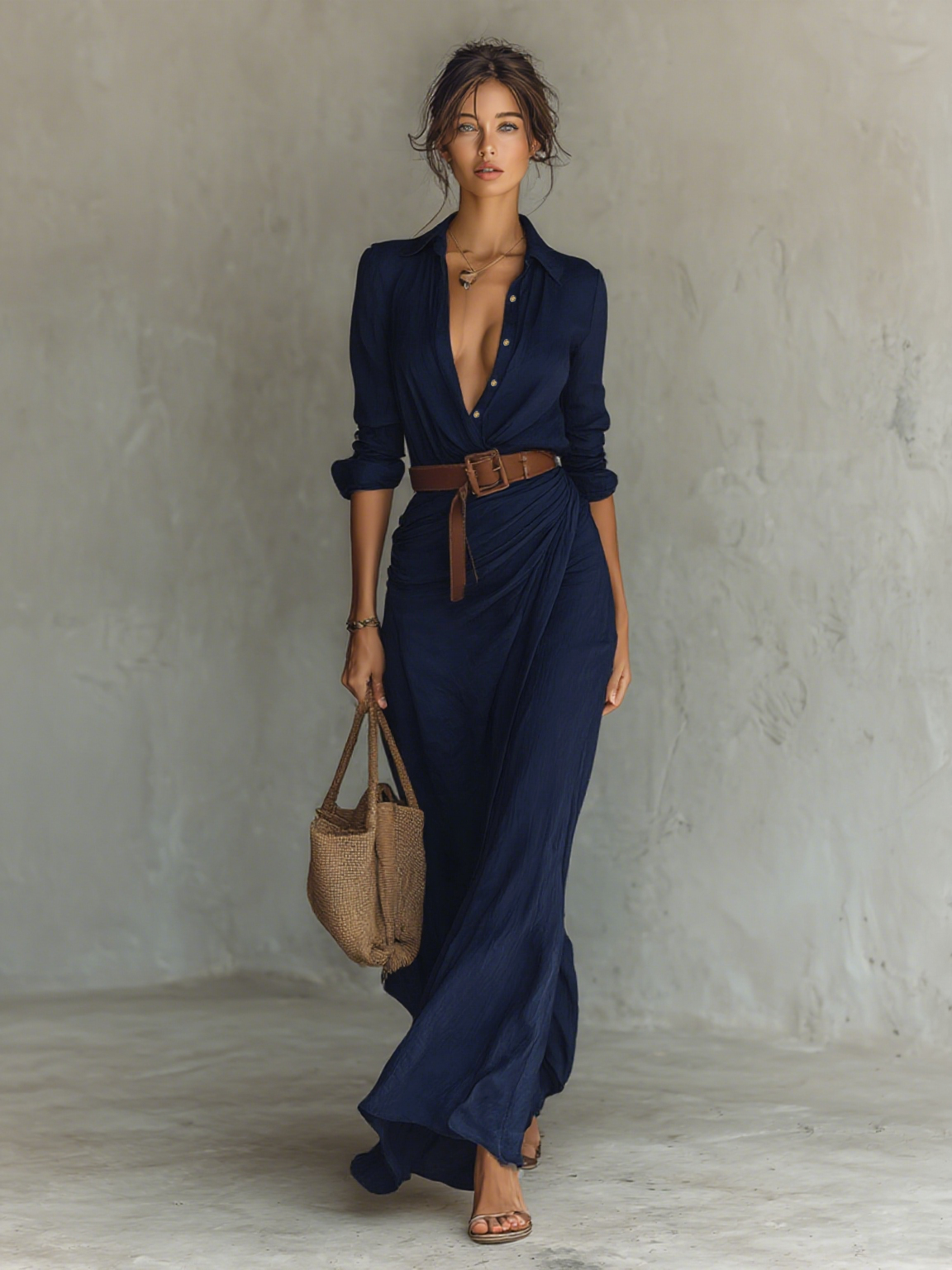 Ruched Collared Maxi Wrap Dress