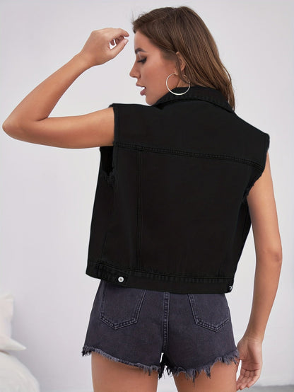 Sleeveless Cropped Buttoned Collared Pocketed Frayed Jacket