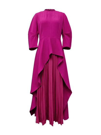 Long Sleeves Loose Pleated Tiered Round-Neck Maxi Dress