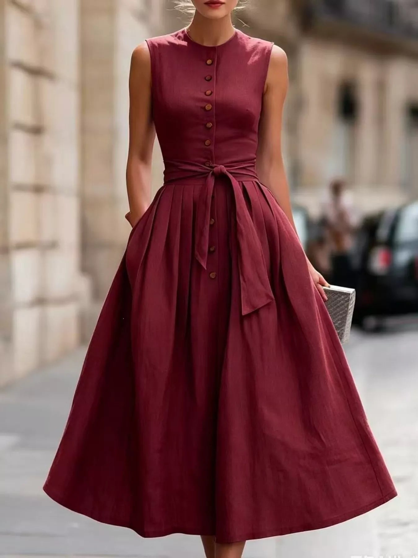 Round Neck Sleeveless Button-Front Belted Midi Dress