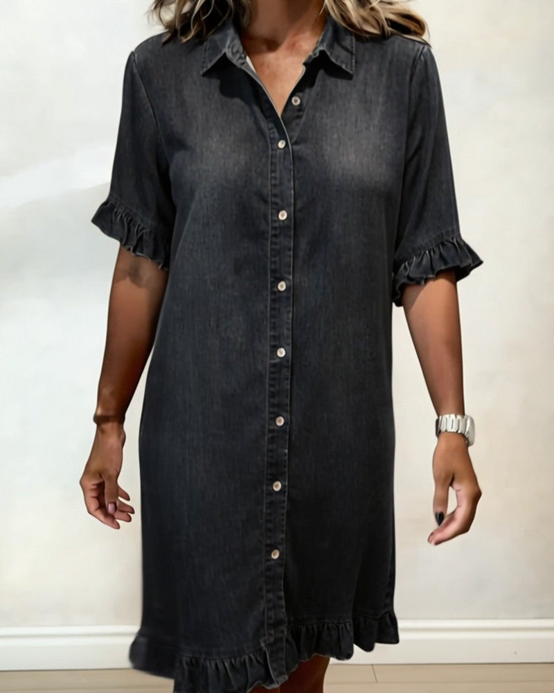 Short Sleeve Collared Button Front Ruffle Hem Dress