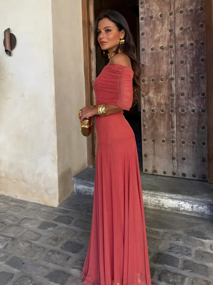 Off Shoulder Ruched Foldover Maxi Dress