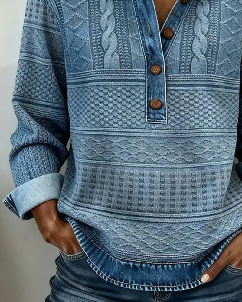Women's Shirt Collar Long Sleeve Textured Button-Up Sweatshirt