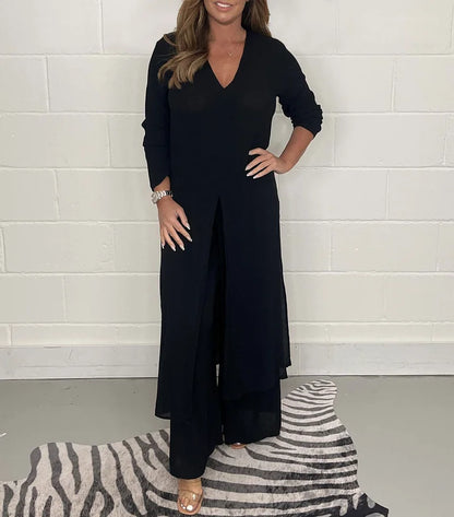 Long Sleeve V Neck Slit Set