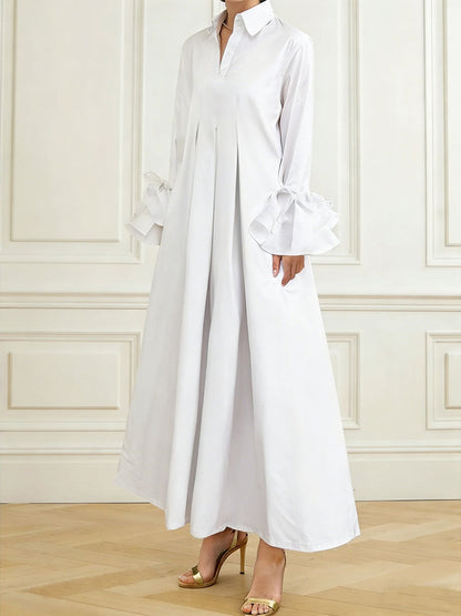 Collared Ruffled Pleated Maxi Loose Flared Dress