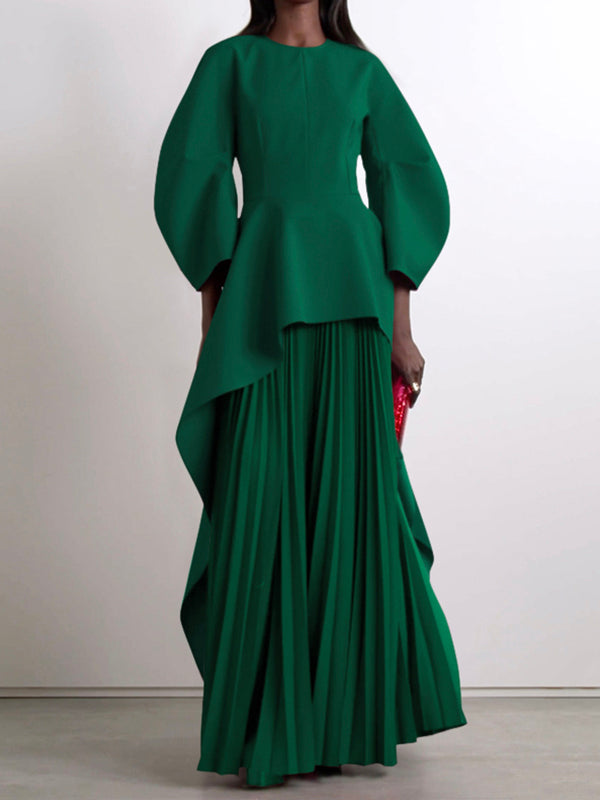Long Sleeves Loose Pleated Tiered Round-Neck Maxi Dress