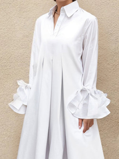 Collared Ruffled Pleated Maxi Loose Flared Dress
