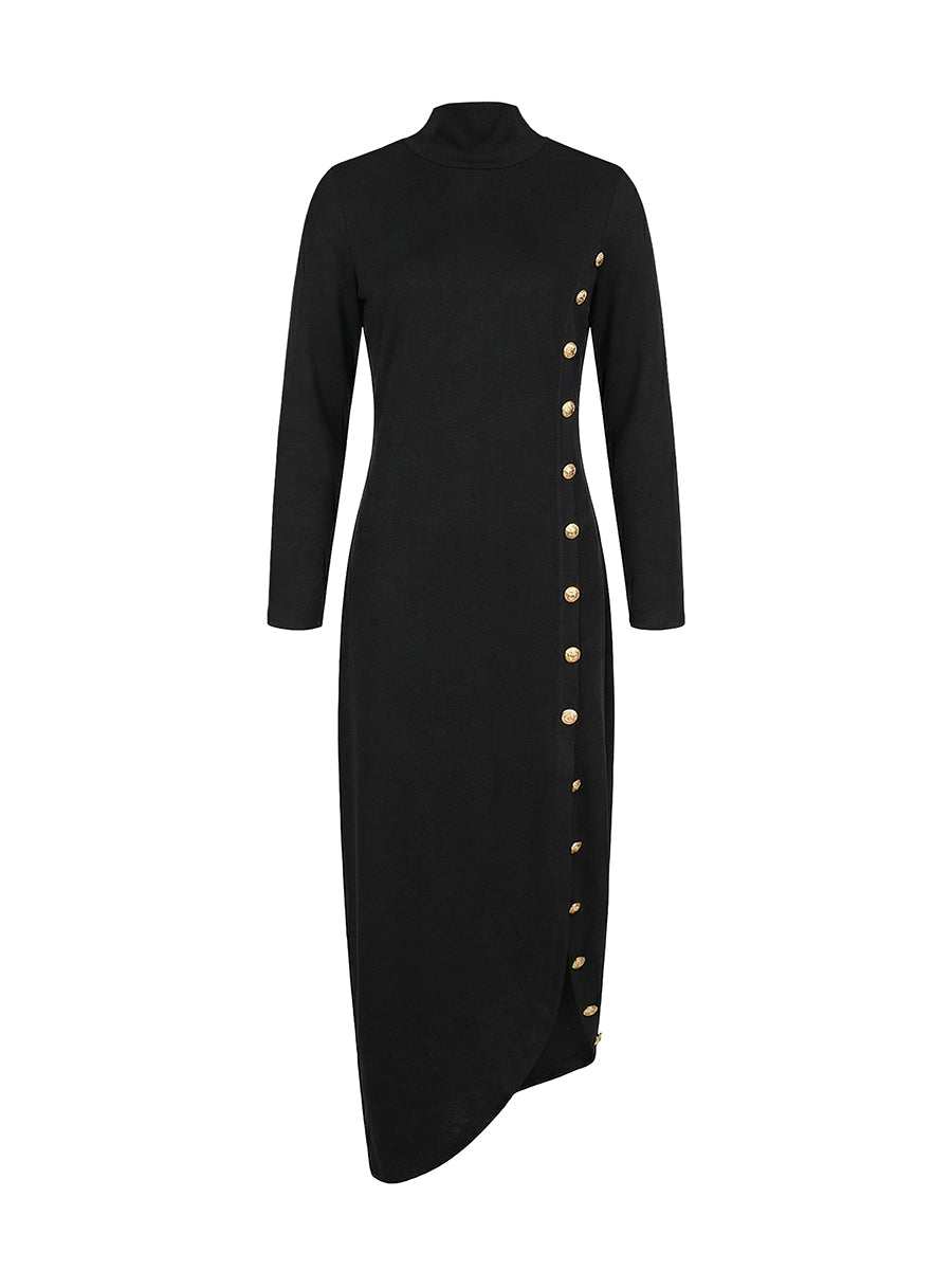 Buttoned Mock Neck Long Sleeve Slit Dress