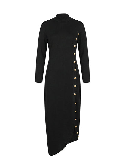 Buttoned Mock Neck Long Sleeve Slit Dress
