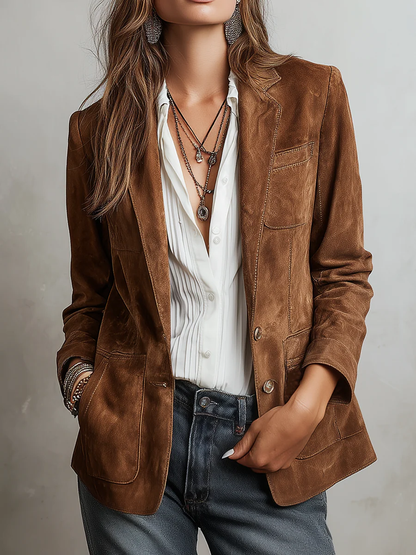 Notch Lapel Button-Down Leather Blazer