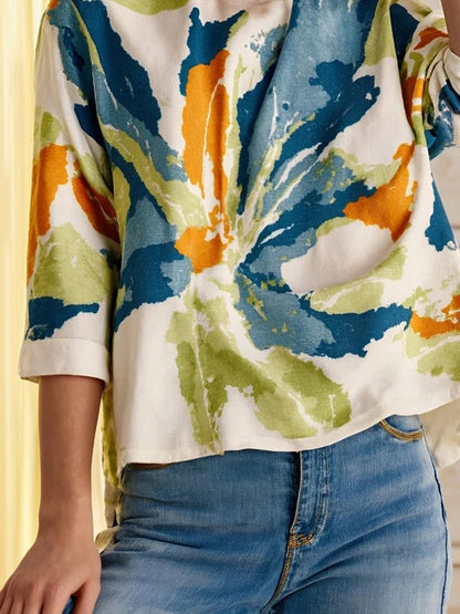 Abstract Watercolor Button Back Round Neck Top