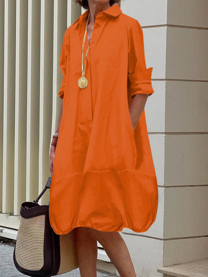 Lapel Collar Button Up Bubble Hem Shirt Dress