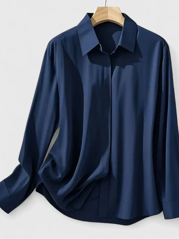 Solid Relaxed Collared Long Cuffed Buttoned Blouse