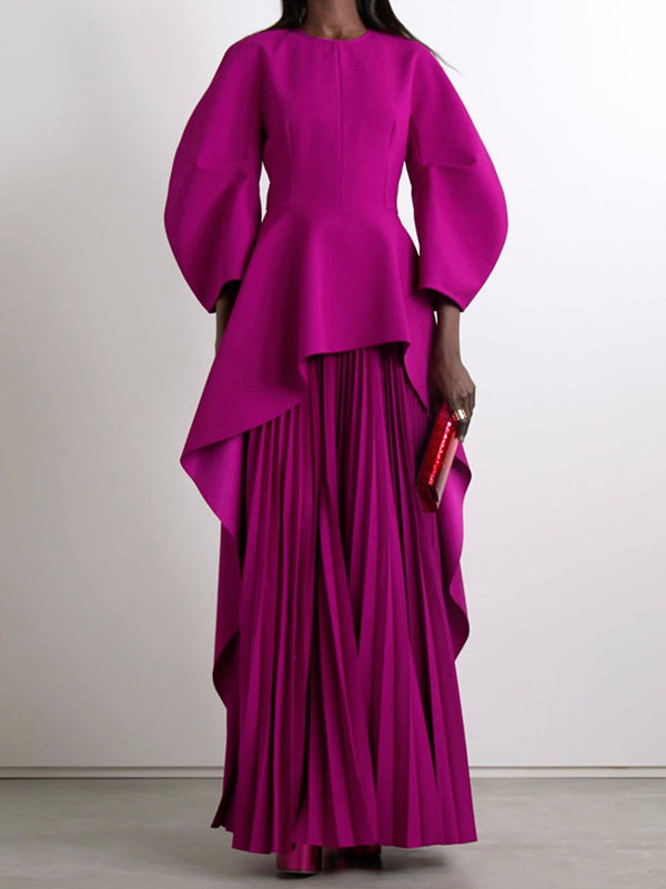 Long Sleeves Loose Pleated Tiered Round-Neck Maxi Dress