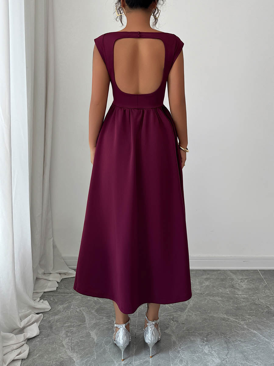 Boat Neck Sleeveless Pleated A-Line Backless Midi Dress with Pockets