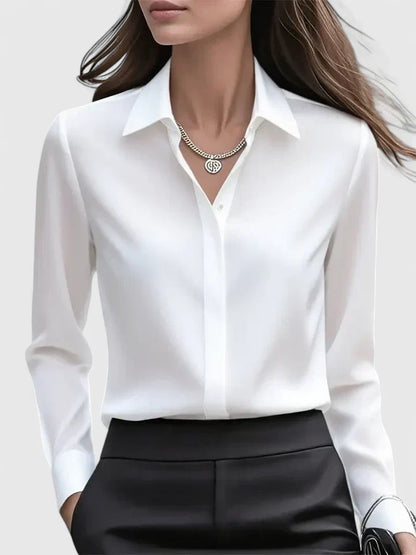 Solid Relaxed Collared Long Cuffed Buttoned Blouse