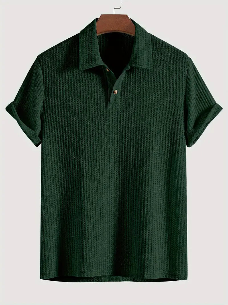 Short Collared Buttoned Textured Ribbed Straight Shirt