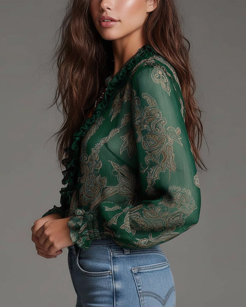 Women's V-Neck Ruffle Sleeve Paisley Print Blouse