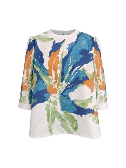 Abstract Watercolor Button Back Round Neck Top
